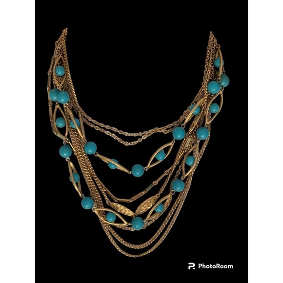 Vintage Pakula Faux Turquoise Beaded 14" Multi Chain Necklace Gold Tone 1960's - Picture 1 of 8